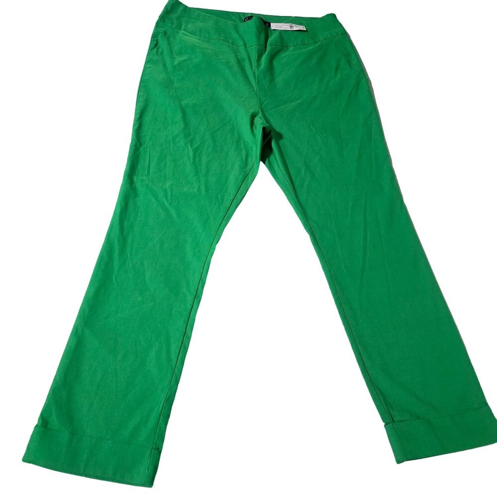 New York & Company Women's Cropped Pants XL Green Stretch Cuffed Hem